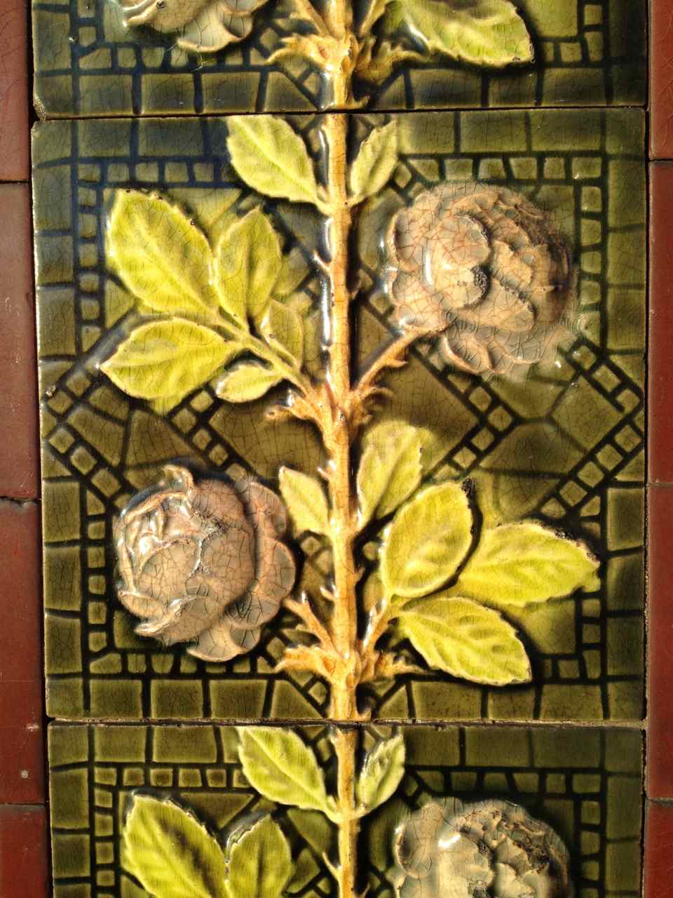 Antique rose tile with chartreuse leaves in Richmond, London